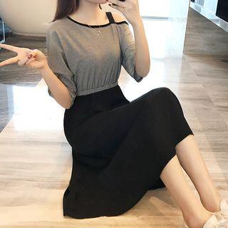 Off-shoulder Striped Elbow-sleeve A-line Dress