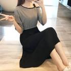Off-shoulder Striped Elbow-sleeve A-line Dress