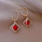 Square Rhinestone & Bead Dangle Earring 1 Pair - Red & Gold - One Size