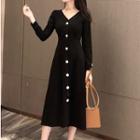 Long-sleeve Buttoned Midi A-line Dress