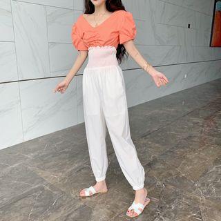 Short-sleeve Drawstring Top / High Waist Harem Pants