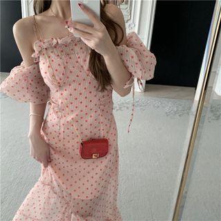 Short-sleeve Off-shoulder Dot Dress