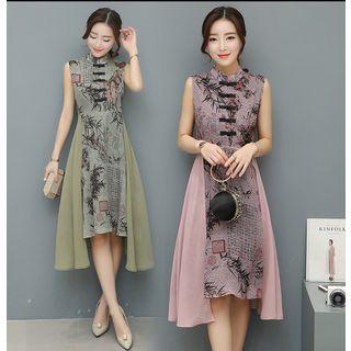Print Sleeveless Mandarin Collar A-line Dress