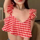 Short-sleeve Plaid Top Plaid - Red - One Size