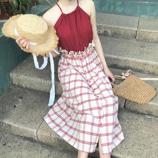 Mock Two Piece Plaid Panel Midi Sleeveless Dress