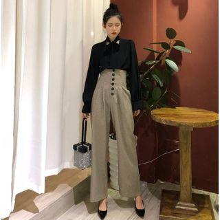 Ribbon-neckline Chiffon Shirt / High-waist Wide-leg Pants
