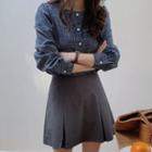 Long-sleeve Plaid Buttoned Blouse / Mini A-line Skirt