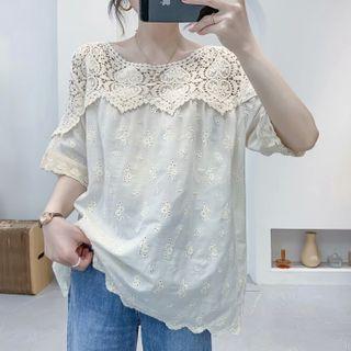 Elbow-sleeve Eyelet Lace Blouse Off-white - One Size