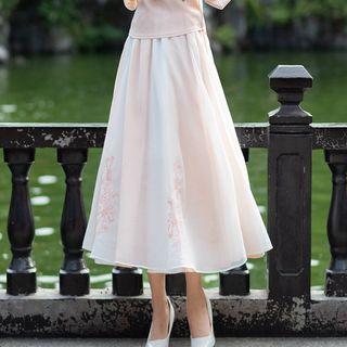 Embroidered Midi A-line Skirt White - One Size