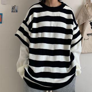 Long Sleeve Mock Two-piece Two-tone Striped Sweater