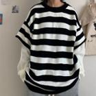 Long Sleeve Mock Two-piece Two-tone Striped Sweater