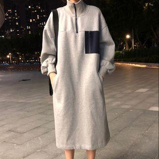 Color Panel Half-zip Long-sleeve Midi Pullover Dress