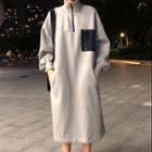 Color Panel Half-zip Long-sleeve Midi Pullover Dress