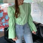 Shirred-sleeve Monotone Blouse