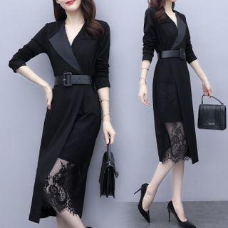 Belted Lace Panel Midi Blazer Dress