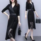 Belted Lace Panel Midi Blazer Dress