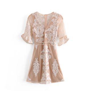 Elbow-sleeve Floral Mesh Mini Dress