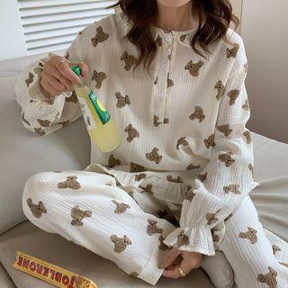Loungewear Set : Long-sleeve Bear Print Polo Top + Pants Almond - One Size