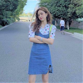 Dotted Short-sleeve Shirt / Denim Strappy Dress