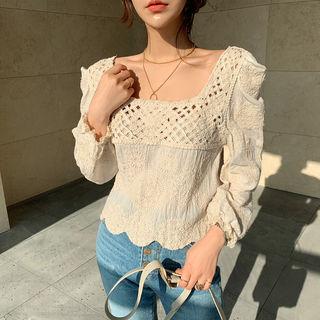 Square-neck Crochet Blouse Light Beige - One Size