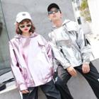 Couple Matching Faux-leather Hooded Zip Jacket / Color Block Sweatpants