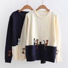 Cat Embroidered Color Block Sweater