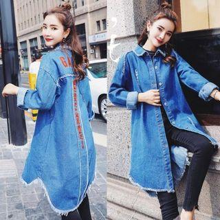 Lettering Ripped Long Denim Jacket