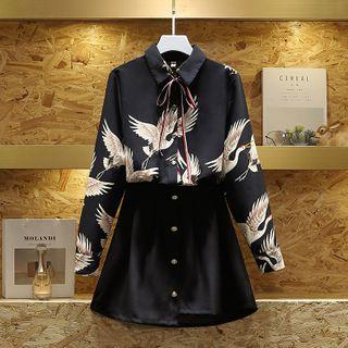 Set: Crane Print Shirt + Mini A-line Skirt