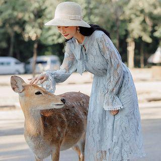 Long-sleeve Tie-neck Midi Lace Dress