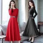 Plain Long Sleeve Midi A-line Dress