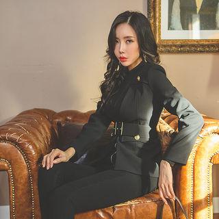 Lapelless Metallic-button Blazer With Belt