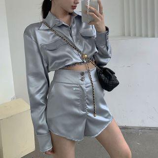 Set: Pocket Detail Cropped Shirt + Shorts