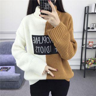 Letter Colour Block Turtleneck Long-sleeve Knit Sweater