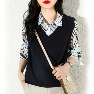 Mock Two-piece Geometric Print Panel Shirt