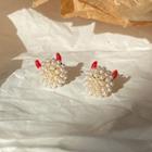 Ox Horn Faux Pearl Earring 1 Pair - White & Gold & Red - One Size