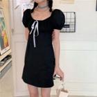 Puff-sleeve Ribbon A-line Dress Black - One Size