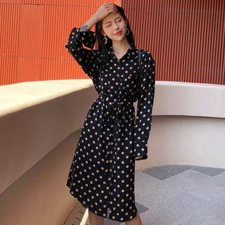 Long Button Knit Vest / Dotted Long-sleeve Midi Shirt Dress