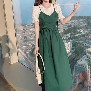 Mock Two-piece Bow-back Midi A-line Dress