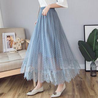 Lace Trim Midi A-line Dotted Mesh Skirt