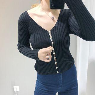 Faux Pearl Button Ribbed Cardigan
