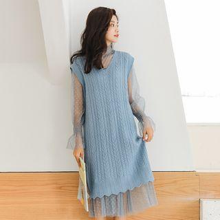 Set: Long-sleeve Dotted Midi Mesh Dress + Cable Knit Long Vest