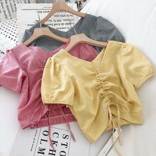 Plaid Short-sleeve Drawstring Crop Top