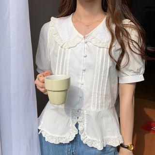 Eyelet Trim Collared Short-sleeve Blouse