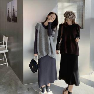Long-sleeve Plain Knit Midi Sheath Dress / Sweater Vest