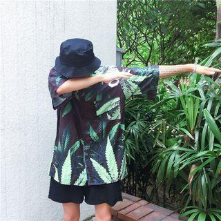 Leaf Print Elbow-sleeve Shirt Dark Green - One Size