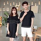 Couple Matching Contrast Trim Short Sleeve T-shirt / Cut Out Shoulder Short Sleeve Dress