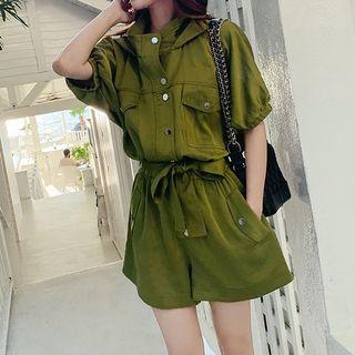 Hooded Short-sleeve Tie-waist Playsuit