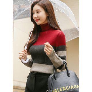 Turtle-neck Button-up Stripe Knit Top