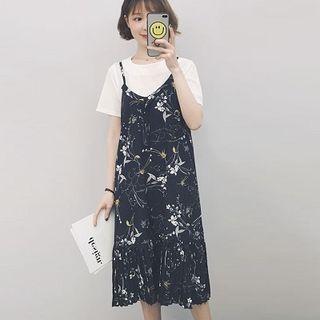 Pleated Loose-fit Floral Chiffon Midi Spaghetti Strap Dress