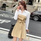 Long-sleeve Mock Two-piece Sashed Mini A-line Dress